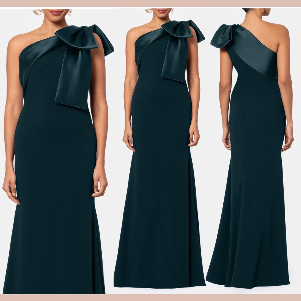 NEW $269 Betsy Adam [ 6 ]‎ One Shoulder Satin Bow Crepe Mermaid Gown Pine Q1273